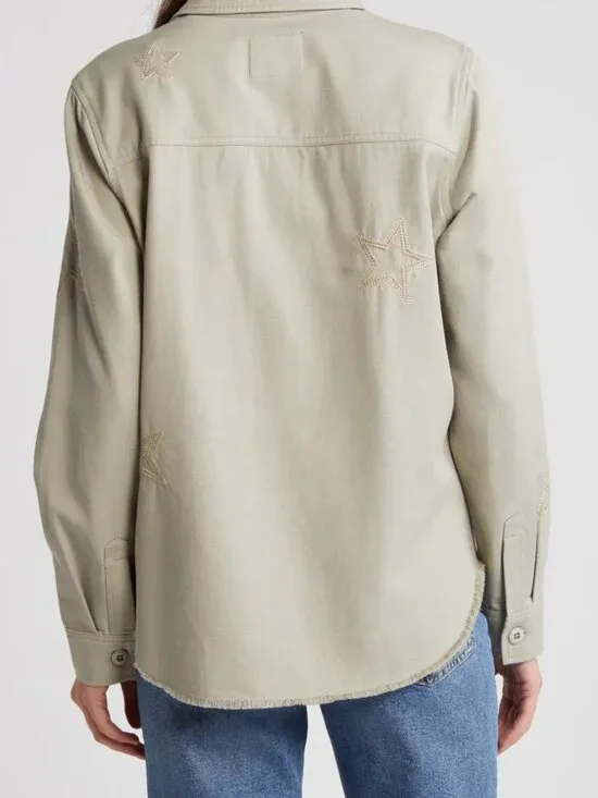 RAILS Loren Star Embroidered Raw Hem Twill Shirt Jacket in Sage - Picture 4 of 5
